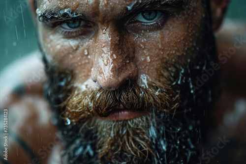 Close-up portrait of a brutal man with a long beard and mustache in wet