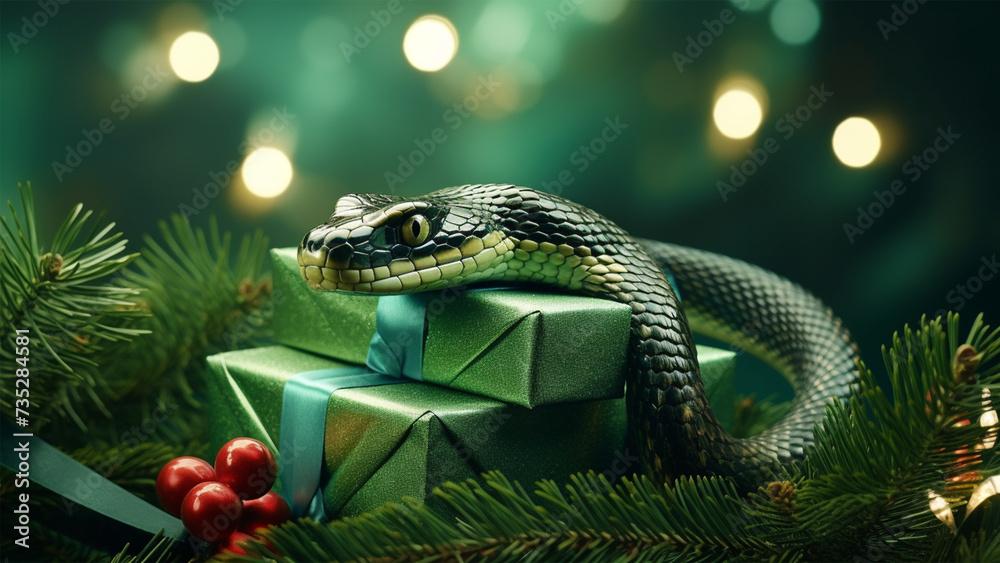 Fototapeta premium Green tree snake on a green background, decorated with Christmas tree branches. Merry Christmas and New Year concept. Holidays background.