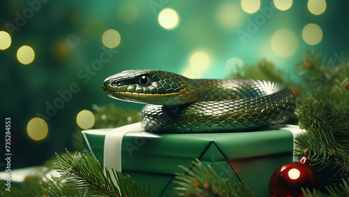 Green tree snake on a green background, decorated with Christmas tree branches. Merry Christmas and New Year concept. Holidays background.