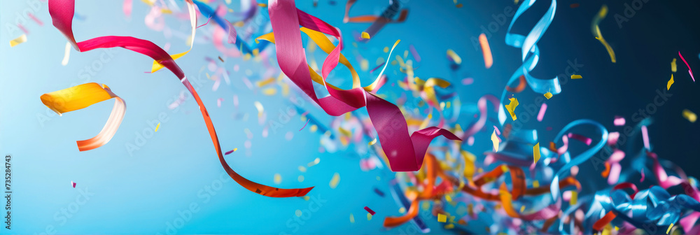 Colorful confetti and streamers on blue background. Party concept