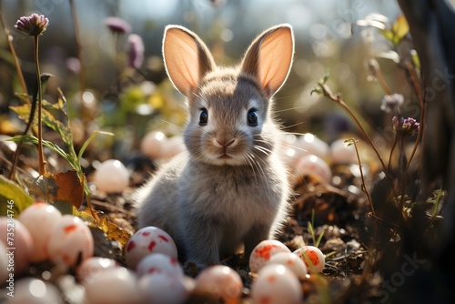 Hermoso conejo en la hierba rodedo de plantas silvestres  y algunos huevos pequeños.  Primavera, conejo de pascua photo