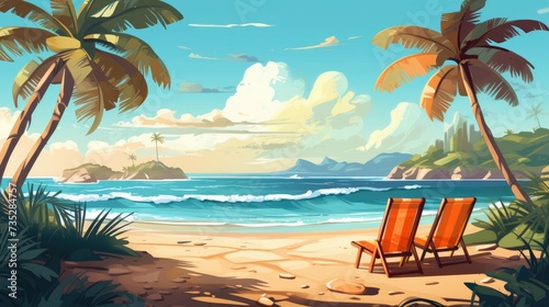 Tropical Sunset Illustration of Summer Beach Background