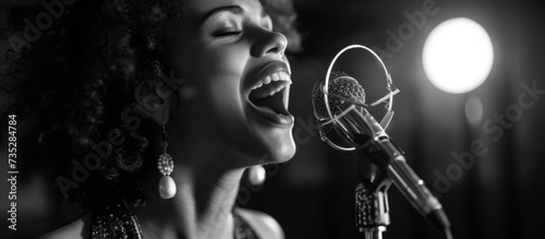 Enthusiastic woman passionately singing into a classic microphone on stage during live performance photo