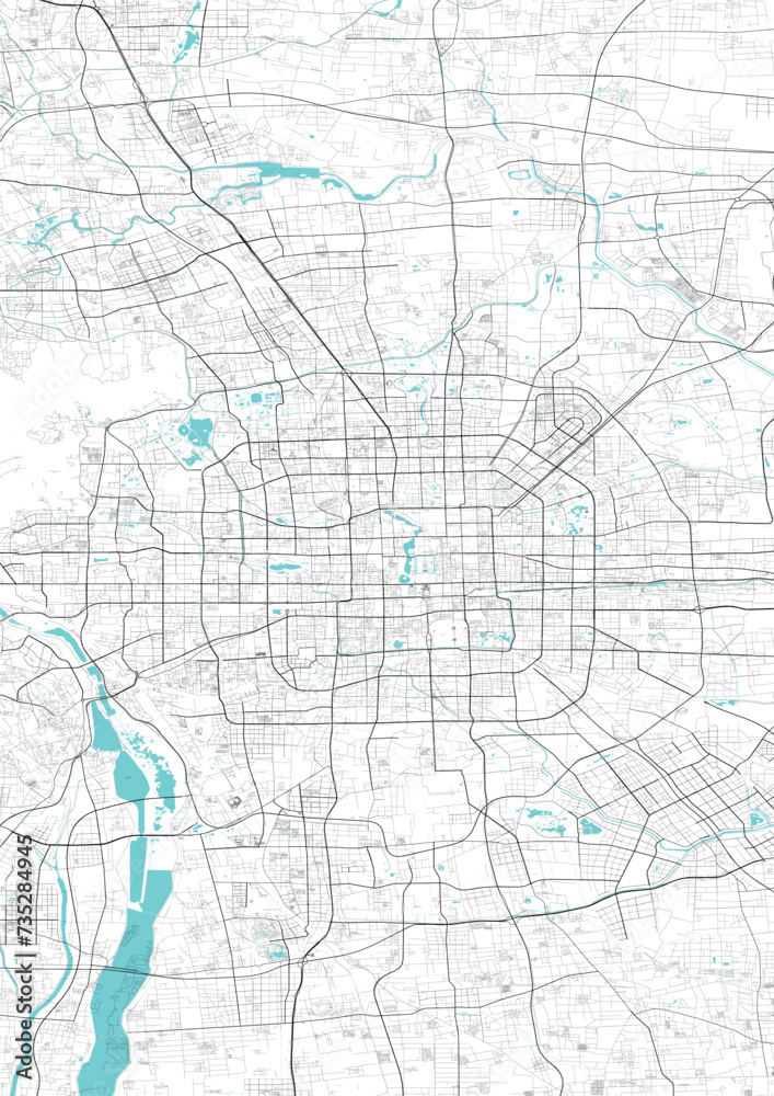 Street map art of Beijing city in China. Road map of Beijing. Black and white (blue)