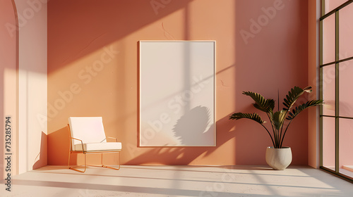 Minimalist interior design with stylish furniture and a mockup poster artwork  Peach fuzz pantone 2024