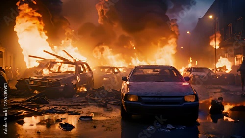 Pogroms and riots in night city. Broken cars on fire photo