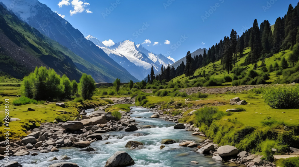  Serene Landscape of Baspa river valley near Chitk - obrazy, fototapety, plakaty 