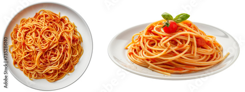 Pasta al Pomodoro bundle, spaghetti with tomato sauce, top and side view, isolated on a white background