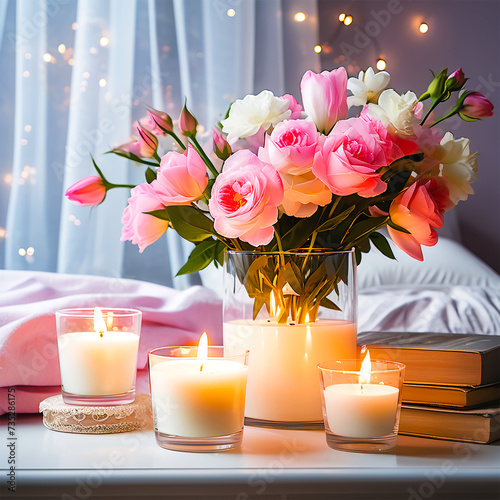 Burning candles with flowers in vase in bedroom