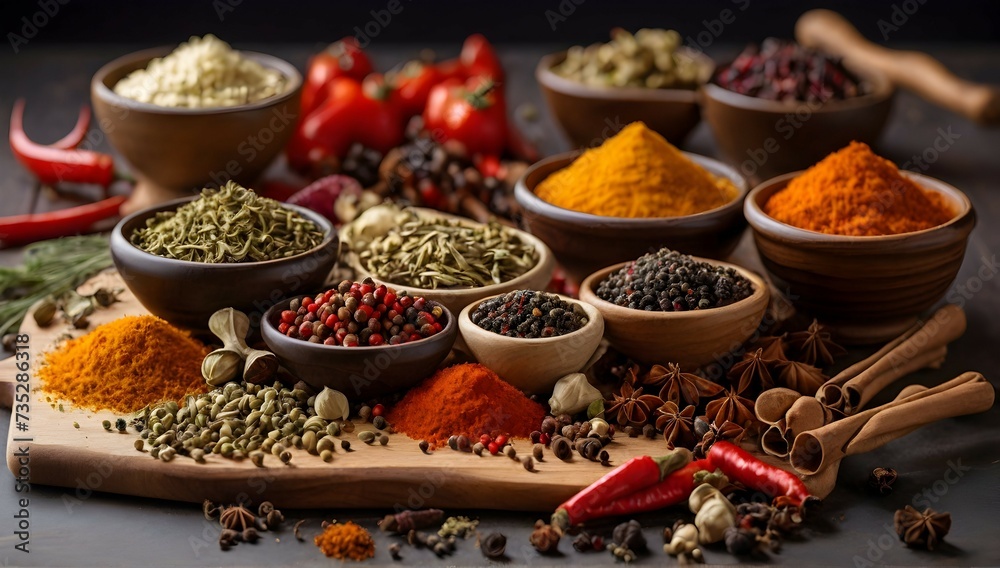 Spices and dried vegetables with cutting board