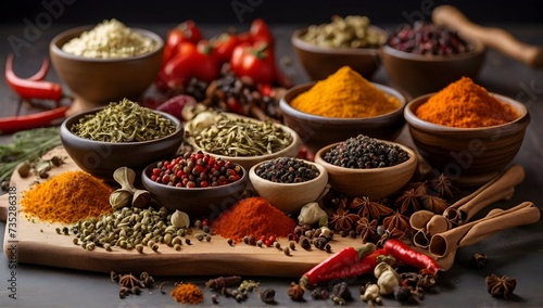 Spices and dried vegetables with cutting board photo