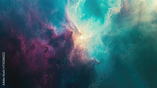Glowing huge nebula with light from galaxy, stars, planets. Space background with beautiful colors
