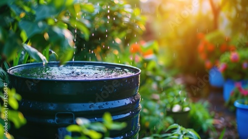 Generative AI, rainwater harvesting system in the garden with barrel, ecological concept for plants watering, reusing water concept photo