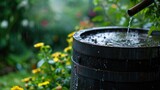 Generative AI, rainwater harvesting system in the garden with barrel, ecological concept for plants watering, reusing water concept