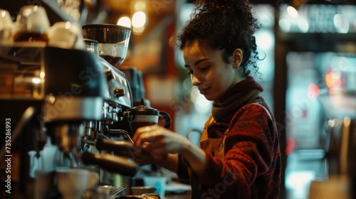 A stylishly dressed woman brews a steaming cup of coffee in her cozy kitchen, her serene face illuminated by the warm glow of the coffee machine