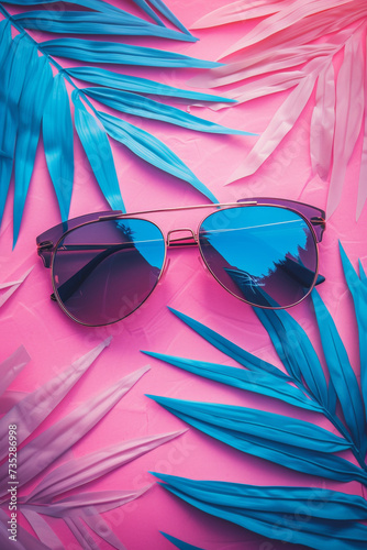 Summer minimalist scene with palm tree and sunglasses against vibrant magenta and blue background. Travel, vacation, Mediterranean, sun.