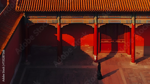 a person on the architecture of the Forbidden City in Beijing with contrasting shadows © Lin_Studio