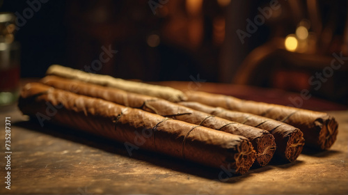 Four Cuban cigars on wooden table. Soft focus
