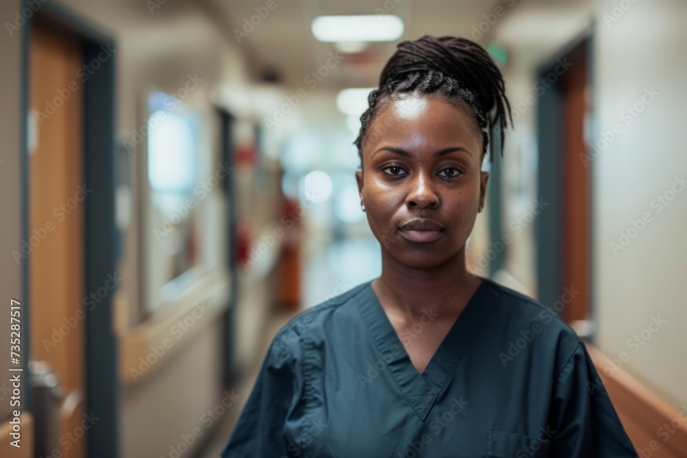 A woman stands in her scrubs, her face full of determination as she looks at the wall behind her, her chin held high and eyebrows furrowed in concentration