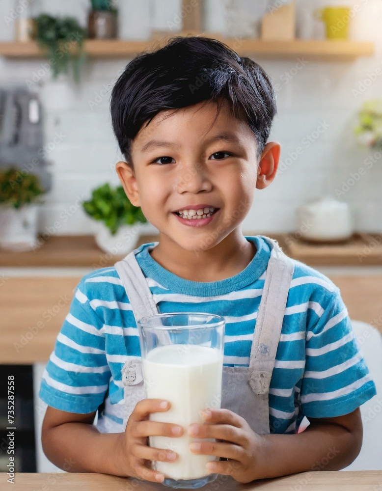 A little boy cute kid holding a cup of milk, feel happy enjoy drinking milk in kitchen