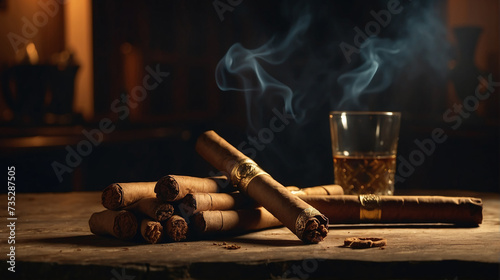 Cuban cigars and a glass of whiskey at the bar. Dark background. Free space for text