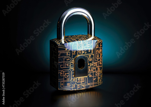 Digital illustration of a closed padlock against a dark background with glowing lights