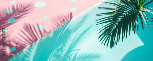 Summer minimalist scene with palm tree against vibrant magenta and blue background. Travel, vacation, Mediterranean, sun.