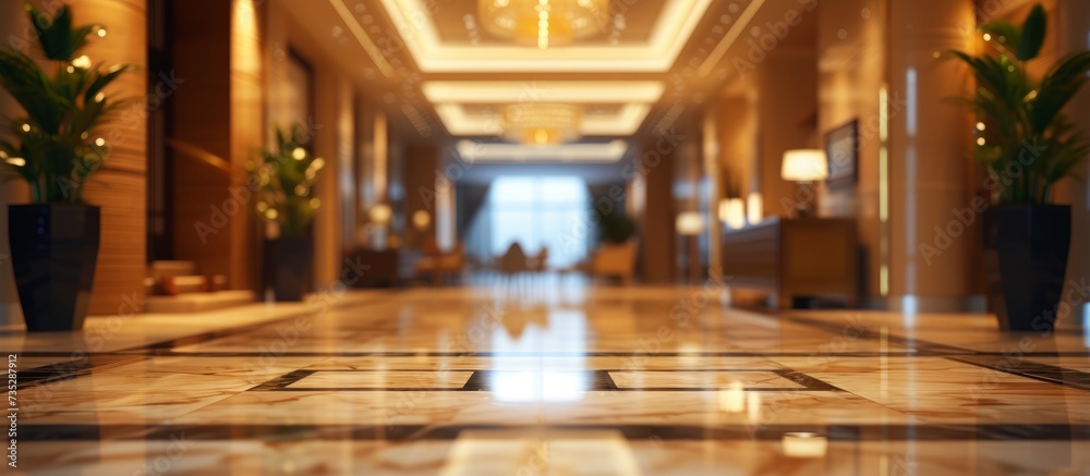 Serene and spacious long hallway with a lush green plant centerpiece Serene and spacious long hallway with a lush green plant centerpiece