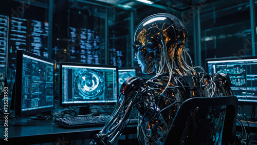 technological metallic humanoid in a server room working on computer - cybersecurity vulnerability and hacker malware concept photo