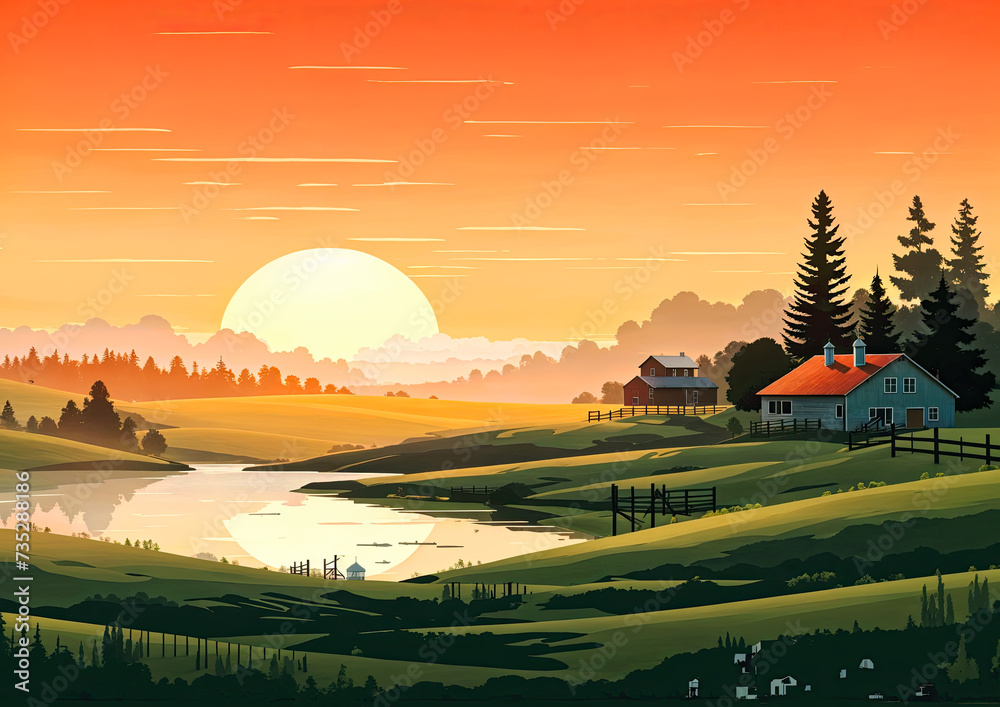 Beautiful rural landscape with farm house at sunset flat illustration