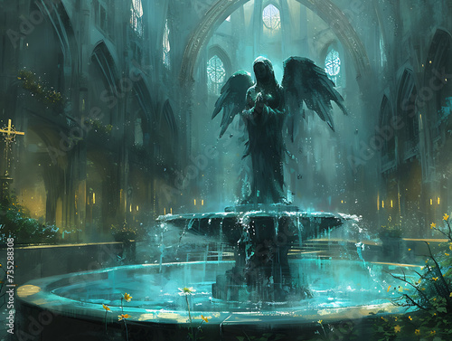 A fountain with an angel statue in a cathedral. 