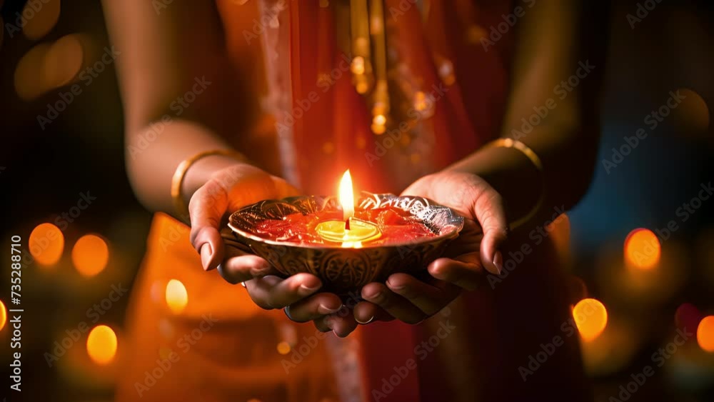 Indian Woman holding lit diya lamp in hands, closeup. Diwali celebration