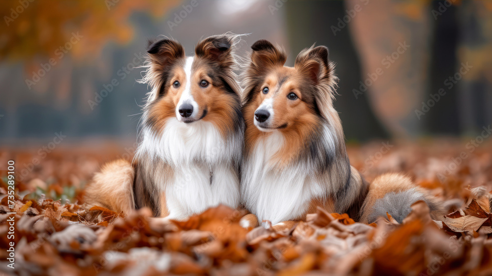shetland sheepdogs sitting in autumn leaves in the park