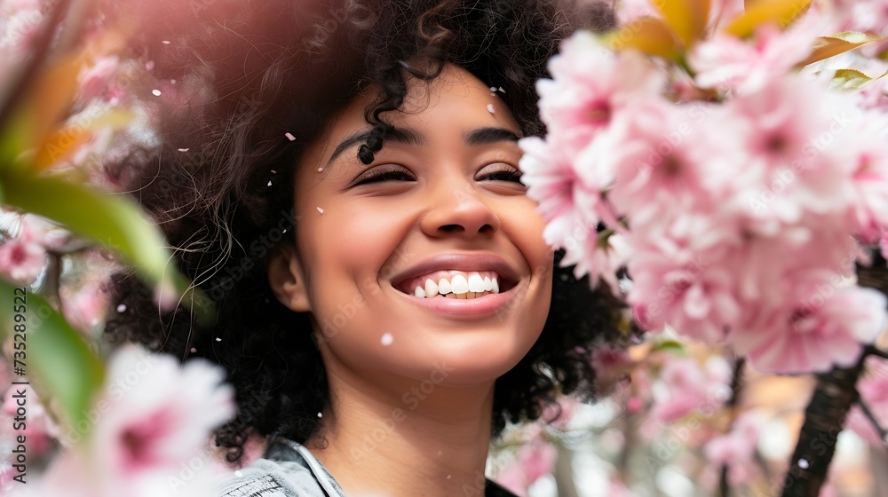 Generative AI : Beautiful happy young woman enjoying smell in a flowering spring garden Generative AI : Beautiful happy young woman enjoying smell in a flowering spring garden