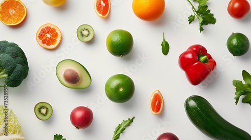 Generative AI : Wide collage of fresh fruits and vegetables for layout isolated on white background. 