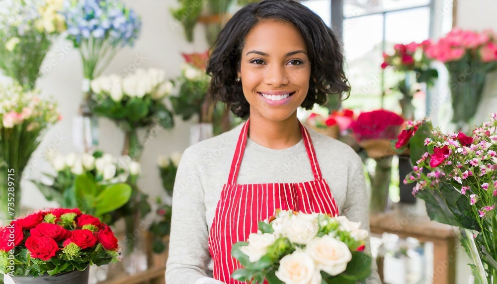  Smiling attractive hispanic female Small business owner in her florist shop 
