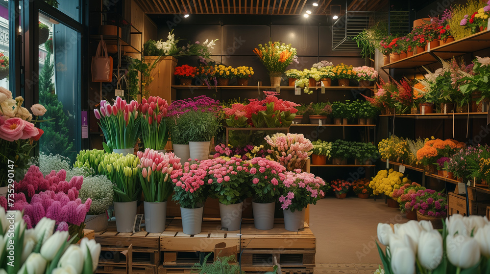Warm sunlight bathes a cozy floral boutique interior, showcasing a variety of fresh flowers and plants on wooden shelves and displays