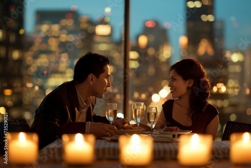 A couple sips wine under the flickering candlelight at an outdoor city table  their waxed clothing illuminated by the soft glow of the city lights