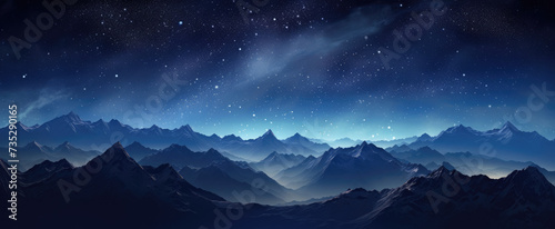 Mountain landscape view at foggy night with shooting stars and Milky Way panoramic. Majestic rocks with amazing sky.