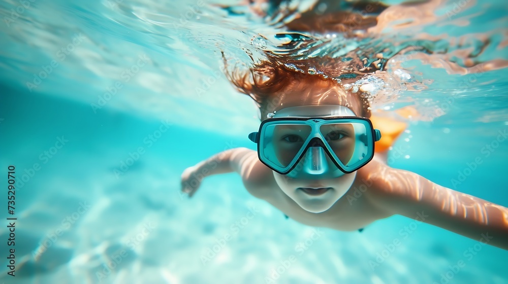 Generative AI : child with snorkeling mask diving in underwater in swimming pool. 
