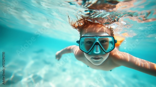 Generative AI : child with snorkeling mask diving in underwater in swimming pool. 