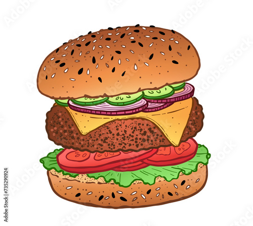 Vector color illustration of burger sandwich fast food meal with cutlet and cheese