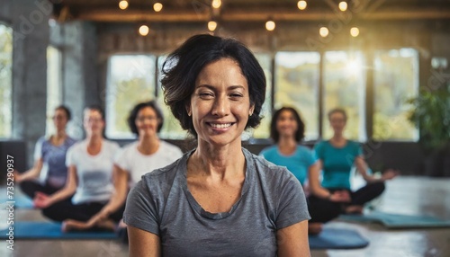 Smiling woman meditating sitting in a yoga studio 