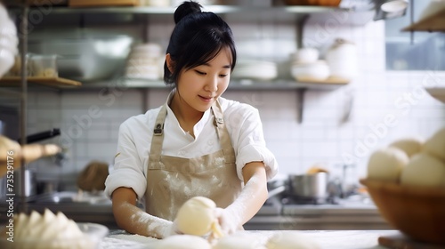 Generative AI : asian female baker wearing apron in bakery kitchen and kneading dough. 
