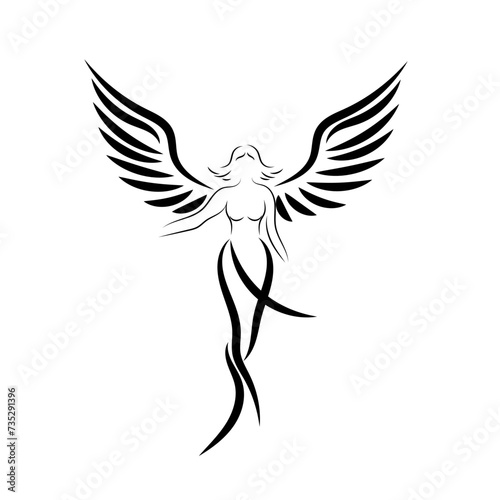 Contour silhouette of an angel with spread wings on a white background. Vector illustration