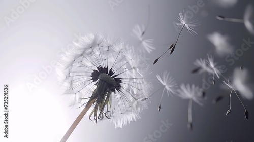 Generative AI   Overblown dandelion with seeds flying away with the wind