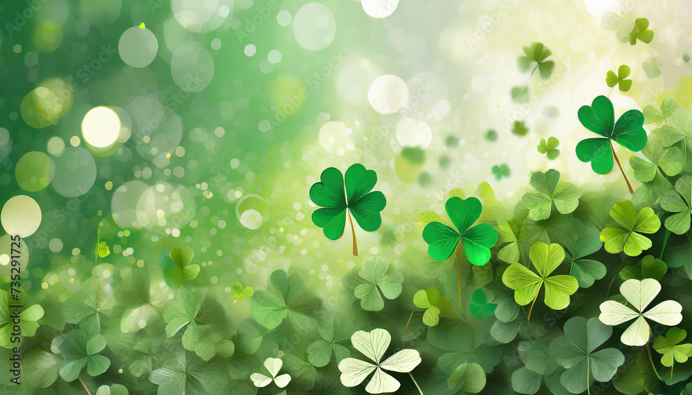 St Patrick Day four leaf clover background, copy space, bokeh background
