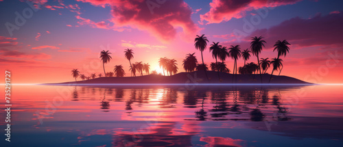 Tropical Paradise Sunset with Palm Trees Silhouetted Against a Fiery Sky Reflected in Calm Waters