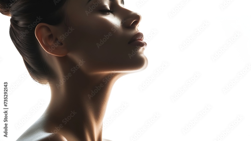 Generative AI : Beautiful woman cares for the skin neck- posing at studio isolated on white