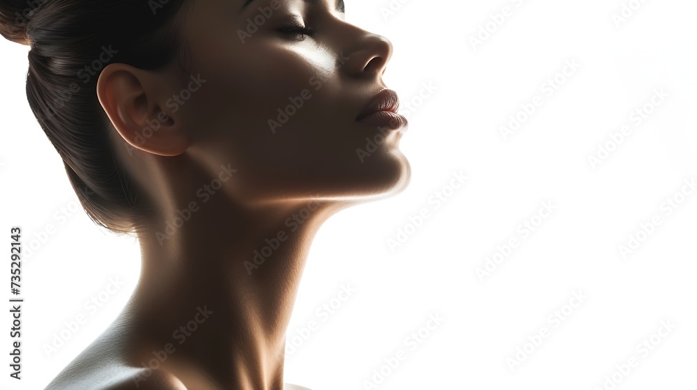 Generative AI : Beautiful woman cares for the skin neck- posing at studio isolated on white Generative AI : Beautiful woman cares for the skin neck- posing at studio isolated on white